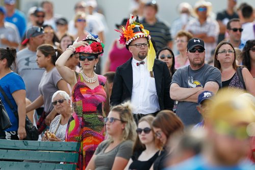 JOHN WOODS / WINNIPEG FREE PRESS
Michelle and Gilles Marchildon wear fancy hats at the Manitoba Derby at Assiniboia Downs Monday, August 7, 2017.