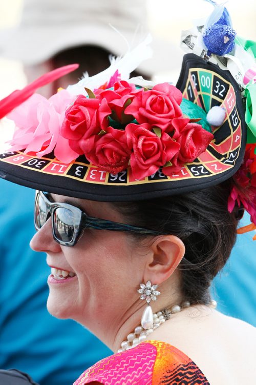 JOHN WOODS / WINNIPEG FREE PRESS
Michelle Marchildon wears a fancy hat at the Manitoba Derby at Assiniboia Downs Monday, August 7, 2017.