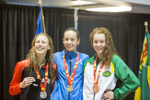 JUSTIN SAMANSKI-LANGILLE / WINNIPEG FREE PRESS
The medalists for the women's 1500m freestyle pose one the podium with their medals. From left: Kenna Smallegange, Ont., Emma O'Croinin, Alta., Rebecca Lou Dean, Sask. 
170807 - Monday, August 07, 2017.