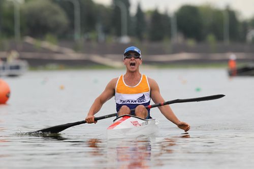 RUTH BONNEVILLE / WINNIPEG FREE PRESS

Alex Brent of BC expresses his happiness after finishes his race and winning a bronze medal in the  K-1 1000 metre kayak finals in the Canada Summer Games at the Manitoba Canoe and Kayak Centre Venue Tuesday.    See story 
  
Aug 08,, 2017
