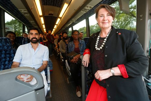 JOHN WOODS / WINNIPEG FREE PRESS
Senator and Global College Professor Marilou McPhedran with her Human Rights UniverCity students on a bus outside the the Caribbean Pavilion  Tuesday, August 8, 2017. In their classroom they will be discussing the Ghanaian petitioners who have been gathered outside the pavilion collecting signatures calling on the Ghanaian government to change their ant-LGBTQ policies.