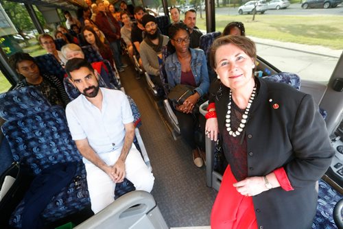 JOHN WOODS / WINNIPEG FREE PRESS
Senator and Global College Professor Marilou McPhedran with her Human Rights UniverCity students on a bus outside the the Caribbean Pavilion  Tuesday, August 8, 2017. In their classroom they will be discussing the Ghanaian petitioners who have been gathered outside the pavilion collecting signatures calling on the Ghanaian government to change their ant-LGBTQ policies.
