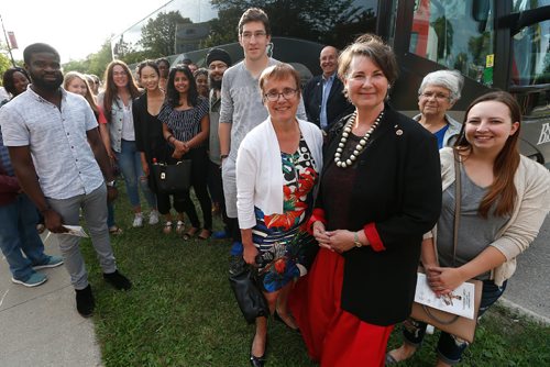 JOHN WOODS / WINNIPEG FREE PRESS
Senator and Global College Professor Marilou McPhedran (3rd from right) with her Human Rights UniverCity students on a bus outside the the Caribbean Pavilion  Tuesday, August 8, 2017. In their classroom they will be discussing the Ghanaian petitioners who have been gathered outside the pavilion collecting signatures calling on the Ghanaian government to change their ant-LGBTQ policies.