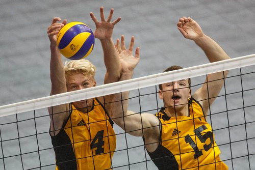 MIKE DEAL / WINNIPEG FREE PRESS
Team Manitoba mens volleyball team plays against Team Newfoundland Wednesday morning at Investors Group Athletics Centre.
Manitoba' Jon Laube (4) and Friesen Nick (15) block the ball during game play.
170809 - Wednesday, August 09, 2017.