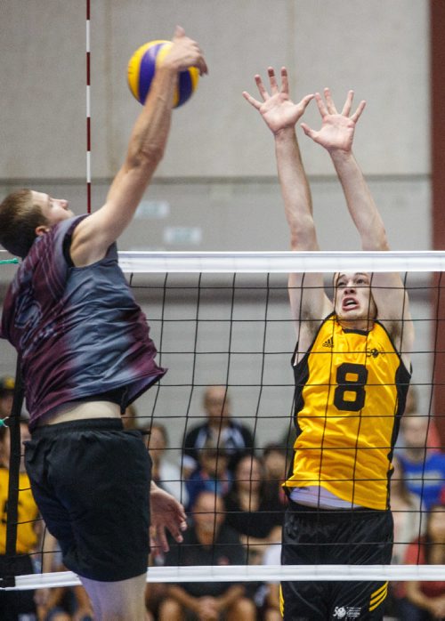 MIKE DEAL / WINNIPEG FREE PRESS
Team Manitoba mens volleyball team plays against Team Newfoundland Wednesday morning at Investors Group Athletics Centre.
Manitoba' Dylan Sutherland (8) goes to block Newfoundlands' Nick Taylor (5) during game play.
170809 - Wednesday, August 09, 2017.