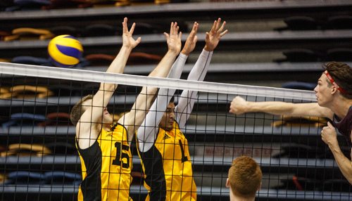 MIKE DEAL / WINNIPEG FREE PRESS
Team Manitoba mens volleyball team plays against Team Newfoundland Wednesday morning at Investors Group Athletics Centre.
Manitoba' Friesen Nick (15) and Nigel Nielsen (1) miss the block during game play.
170809 - Wednesday, August 09, 2017.