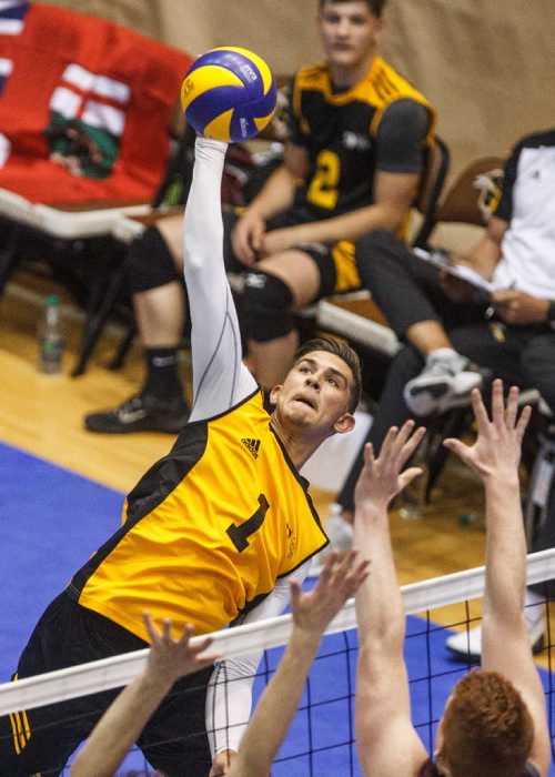 MIKE DEAL / WINNIPEG FREE PRESS
Team Manitoba mens volleyball team plays against Team Newfoundland Wednesday morning at Investors Group Athletics Centre.
Manitoba' Nigel Nielsen (1) spikes the ball during game play.
170809 - Wednesday, August 09, 2017.