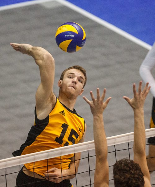 MIKE DEAL / WINNIPEG FREE PRESS
Team Manitoba mens volleyball team plays against Team Newfoundland Wednesday morning at Investors Group Athletics Centre.
Manitoba' Friesen Nick (15) spikes the ball during game play.
170809 - Wednesday, August 09, 2017.