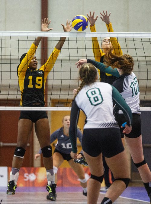 MIKE DEAL / WINNIPEG FREE PRESS
Team Manitoba women's volleyball team plays against Team PEI Wednesday afternoon at Investors Group Athletics Centre.
Manitoba' Light Uchechukwu (19) and Anna Maidment (6) block a shot by PEI' Callie MacDonald (12) during game action.
170809 - Wednesday, August 09, 2017.