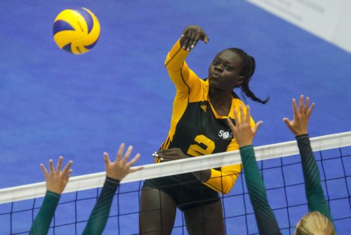 MIKE DEAL / WINNIPEG FREE PRESS
Team Manitoba women's volleyball team plays against Team PEI Wednesday afternoon at Investors Group Athletics Centre.
Manitoba' Ayiya Ottogo (2) spikes the ball during game action.
170809 - Wednesday, August 09, 2017.