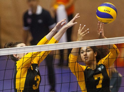 MIKE DEAL / WINNIPEG FREE PRESS
Team Manitoba women's volleyball team plays against Team PEI Wednesday afternoon at Investors Group Athletics Centre.
Manitoba' Jayda Nault (3) and Laura Hill (7) leap to block the ball during game action.
170809 - Wednesday, August 09, 2017.