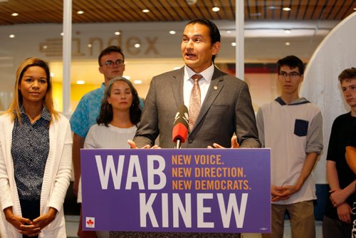 JUSTIN SAMANSKI-LANGILLE / WINNIPEG FREE PRESS
NDP leadership candidate Wab Kinew speaks at a press conference Wednesday on the University of Winnipeg Campus.
170809 - Wednesday, August 09, 2017.