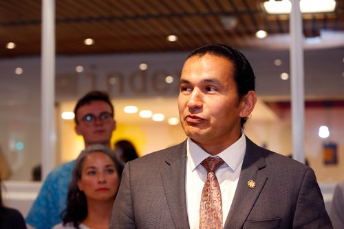 JUSTIN SAMANSKI-LANGILLE / WINNIPEG FREE PRESS
NDP leadership candidate Wab Kinew speaks at a press conference Wednesday on the University of Winnipeg Campus.
170809 - Wednesday, August 09, 2017.