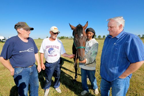 JUSTIN SAMANSKI-LANGILLE / WINNIPEG FREE PRESS
From Left: Trainer Murray Duncan, owner Brian Smith, groom Christopher Gaskin and owner Daryl Carry pose with horse Kenny Do The Math outside the Assiniboia Downs stables Thursday.
170810 - Thursday, August 10, 2017.