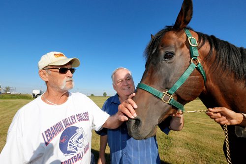 JUSTIN SAMANSKI-LANGILLE / WINNIPEG FREE PRESS
Owners Brian Smith (L) and Daryl Carry pose with their horse Kenny Do The Math outside the Assiniboia Downs stables Thursday.
170810 - Thursday, August 10, 2017.
