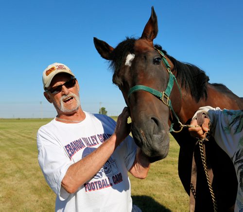 JUSTIN SAMANSKI-LANGILLE / WINNIPEG FREE PRESS
Owner Brian Smith poses with his racehorse Kenny Do The Math outside the Assiniboia Downs stables Thursday.
170810 - Thursday, August 10, 2017.