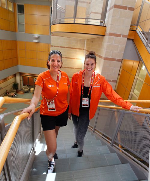WAYNE GLOWACKI / WINNIPEG FREE PRESS

At left, Dr. Adrienne Leslie-Toogood (the Canadian Sport Centre Manitoba's lead psychologist) and Olympic swimmer and Manitoban Chantal Van Landeghem in the Helen Glass Centre For Nursing building on the U of M campus that is part of the Canada Summer Games Athletes Village where their office is located. The two have been teaming up to work with athletes at the 2017 Canada Summer Games to incorporate and normalize sport psychology in athletes' preparation, competition and post-competition. Ashley Prest  story August 10   2017