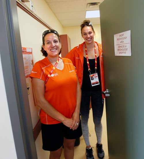 WAYNE GLOWACKI / WINNIPEG FREE PRESS

At left, Dr. Adrienne Leslie-Toogood (the Canadian Sport Centre Manitoba's lead psychologist) and Olympic swimmer and Manitoban Chantal Van Landeghem at their office in the Helen Glass Centre For Nursing building on the U of M campus  that is part of the Canada Summer Games Athletes Village.The two have been teaming up to work with athletes at the 2017 Canada Summer Games to incorporate and normalize sport psychology in athletes' preparation, competition and post-competition. Ashley Prest  story August 10   2017