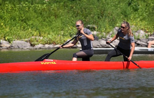 RUTH BONNEVILLE / WINNIPEG FREE PRESS

 
Canada Games Canoeing 

Nicole Boyle (right) and Maddy Mitchell cross the finish line in the female C2 - 200 race which they finished 3rd in winning them a bronze medal at the Canada Summer Games at the Manitoba Canoe and Kayak Centre Venue Thursday afternoon.  

  
Aug 10,,, 2017