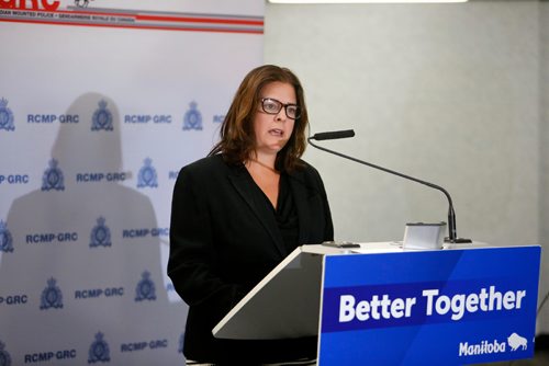 JUSTIN SAMANSKI-LANGILLE / WINNIPEG FREE PRESS
Justice Minister Heather Stefanson speaks at an RCMP press conference Friday announcing the deployment of new Fentanyl protective equipment to front-line officers.
170811 - Friday, August 11, 2017.