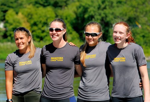 JUSTIN SAMANSKI-LANGILLE / WINNIPEG FREE PRESS
Team Manitoba's Gold Medal IC4 200m team poses on the dock Friday at the Manitoba Canoe and Kayak Centre. From left: Maddy Mitchell, Sandra Page, Nicole Boyle and Naomi Stevens.
170811 - Friday, August 11, 2017.