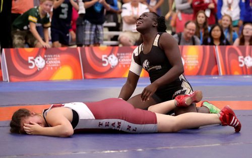 TREVOR HAGAN / WINNIPEG FREE PRESS
Jessica Rabet of Manitoba, celebrating as she won the gold medal in the 84kg KG category over Angel Hiltz-Morrell of N.L, Friday, August 11, 2017.