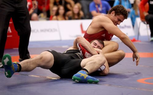 TREVOR HAGAN / WINNIPEG FREE PRESS
Hunter Lee of Manitoba, bottom, on his way to defeating Kyle Jordon of Ontario for gold in the mens 98kg wrestling division, Friday, August 11, 2017.