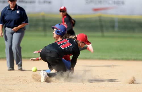 TREVOR HAGAN / WINNIPEG FREE PRESS
Team BC's Taylor Lundgrigan crashes into Team Ontario's Courtney Gilbert as she slides into second base during their softball game at John Blumberg, Saturday, August 12, 2017.