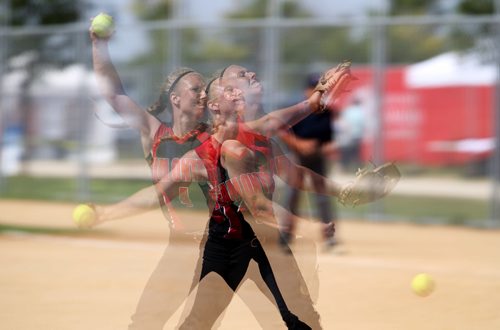 TREVOR HAGAN / WINNIPEG FREE PRESS
Team Ontario's Taylor Robblee pitches the ball as she faces BC during their softball game at John Blumberg, Saturday, August 12, 2017. Multiple exposure done in camera.