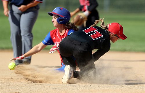 TREVOR HAGAN / WINNIPEG FREE PRESS
Team BC's Taylor Lundgrigan crashes into Team Ontario's Courtney Gilbert as she slides into second base during their softball game at John Blumberg, Saturday, August 12, 2017.