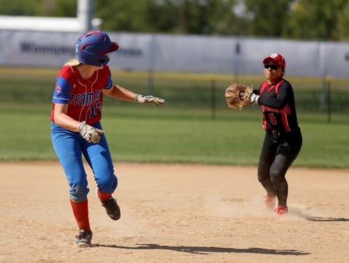 TREVOR HAGAN / WINNIPEG FREE PRESS
Team BC's Kolby Chanel Hamilton gets caught in a rundown as Ontario's Allyse Volpe chases her with the ball during a softball game at John Blumberg, Saturday, August 12, 2017.