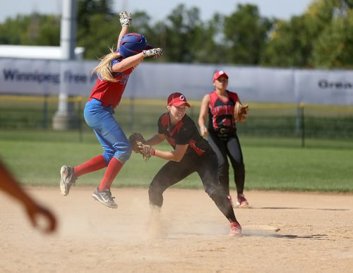 TREVOR HAGAN / WINNIPEG FREE PRESS
Team BC's Kolby Chanel Hamilton gets tagged out by Ontario's Hannah McClounie after being caught in a rundown during a softball game at John Blumberg, Saturday, August 12, 2017.