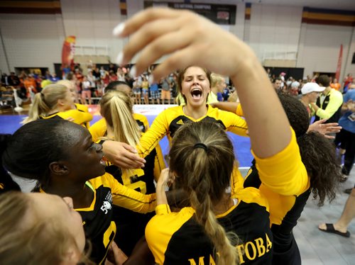 TREVOR HAGAN / WINNIPEG FREE PRESS
Team Manitoba celebrates after winning volleyball gold at the Canada Summer games in a 4 set victory over Alberta, Saturday, August 12, 2017.