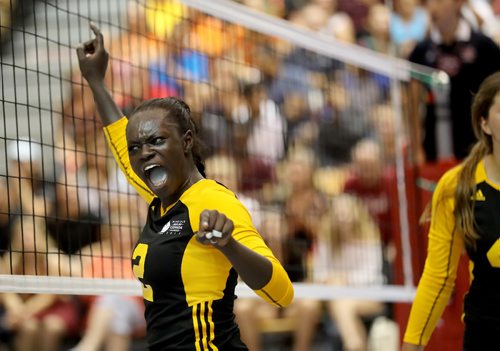 TREVOR HAGAN / WINNIPEG FREE PRESS
Team Manitoba's Ayiya Ottogo celebrates after a point on the way to winning volleyball gold at the Canada Summer games in a 4 set victory over Alberta, Saturday, August 12, 2017.