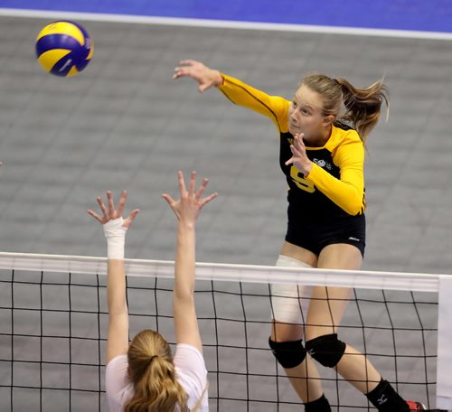 TREVOR HAGAN / WINNIPEG FREE PRESS
Team Manitoba's Emma Parker (9) hits the ball while playing against Alberta on the way to winning volleyball gold at the Canada Summer games, Saturday, August 12, 2017.