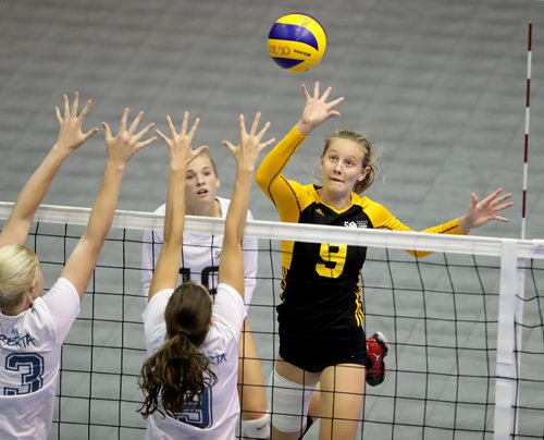 TREVOR HAGAN / WINNIPEG FREE PRESS
Team Manitoba's Emma Parker (9) hits the ball while playing against Alberta on the way to winning volleyball gold at the Canada Summer games, Saturday, August 12, 2017.