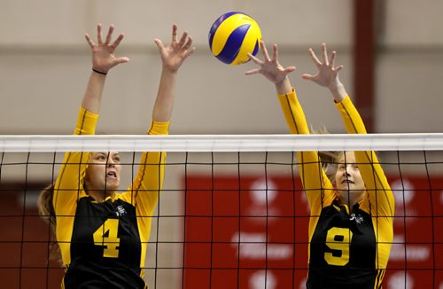 TREVOR HAGAN / WINNIPEG FREE PRESS
Team Manitoba's Taylor Boughton and Emma Parker try to block while playing against Alberta on the way to winning volleyball gold at the Canada Summer games, Saturday, August 12, 2017.