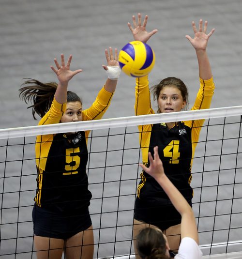 TREVOR HAGAN / WINNIPEG FREE PRESS
Team Manitoba's Julia Tays and Taylor Boughton try to block while playing against Alberta on the way to winning volleyball gold at the Canada Summer games, Saturday, August 12, 2017.