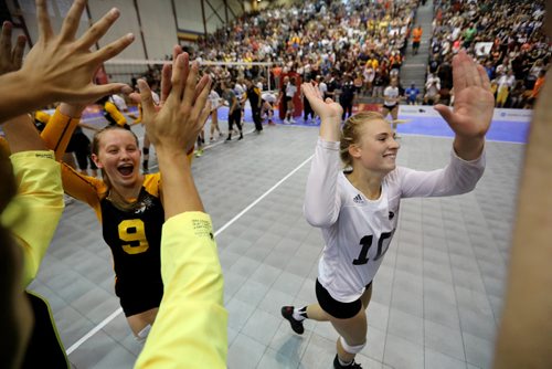 TREVOR HAGAN / WINNIPEG FREE PRESS
Team Manitoba's Emma Parker and Jessica Andjelic celebrate after defeating Alberta and winning volleyball gold at the Canada Summer games, Saturday, August 12, 2017.