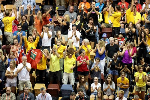 TREVOR HAGAN / WINNIPEG FREE PRESS
Team Manitoba fans celebrate after winning a point on the way to winning volleyball gold at the Canada Summer games in a 4 set victory over Alberta, Saturday, August 12, 2017.