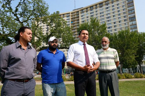 WAYNE GLOWACKI / WINNIPEG FREE PRESS

Wab Kinew made a policy announcement in Central Park Monday,  supporting his announcement from left was Hani Al-Ubeady, Muninder Sidhu and Mewa Bedi.   Wab says he would overhaul two key elements of the Provincial Nominee Program, eliminating the $500 fee successful applicants pay and offering increased opportunities for family reunification. He is running  for the leader of the Manitoba NDP. Larry Kusch story   August 14 2017