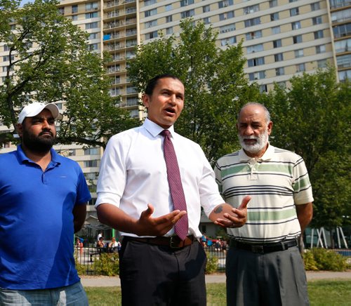 WAYNE GLOWACKI / WINNIPEG FREE PRESS

Wab Kinew made a policy announcement in Central Park Monday,  supporting his announcement at left was Muninder Sidhu and Mewa Bedi.   Wab says he would overhaul two key elements of the Provincial Nominee Program, eliminating the $500 fee successful applicants pay and offering increased opportunities for family reunification. He is running  for the leader of the Manitoba NDP.  Larry Kusch story   August 14 2017