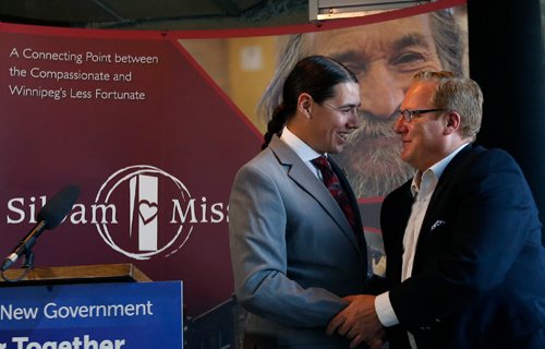 WAYNE GLOWACKI / WINNIPEG FREE PRESS

At left , Robert-Falcon Ouellette, MP, Winnipeg Centre and Families Minister Scott Fielding at the Government funding announcement at Siloam Mission Monday. Scott Fielding announced $3 million for the capital project to expand 50 beds and add resources at Siloam Mission that includes $2million of provincial finding and $1 million through the federal-provincial investment in Affordable Housing agreement.     Nick Martin story   August 14 2017