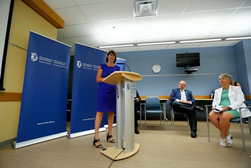 JUSTIN SAMANSKI-LANGILLE / WINNIPEG FREE PRESS
Karlee Blatz, regional director of labour relations and senior legal counsel for human resources, WRHA speaks at a press conference Tuesday providing more details on the Winnipeg Regional Health Authority reorganization and consolidation reforms currently being undertaken.
170815 - Tuesday, August 15, 2017.