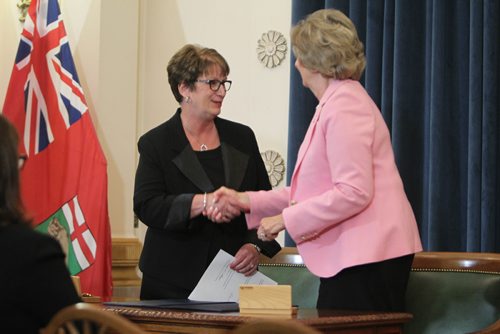 Eileen Clarke - minister of Indigenous and northern relations. 


RUTH / BONNEVILLE WINNIPEG FREE PRESS

Eileen Clarke   shakes Lieutenant Governor Janice Filmon's hand after being sworn into cabinet as the new - minister of Indigenous and northern relations  during Premier Brian Pallister's  cabinet shuffle  announced  at the Manitoba Legislature Thursday. 

Aug 17, 2017


