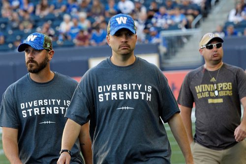 PHIL HOSSACK / WINNIPEG FREE PRESS  - Coaching and support staff all wore Diversity t-shirts Thursday at Investor's Group Stadium. - August 17, 2017