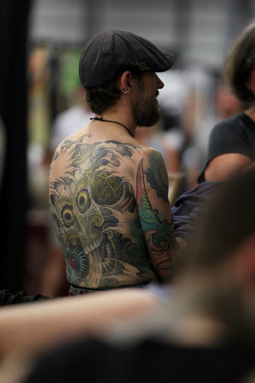 
A guy shows off his tattoos to friends and artists at the inaugural Winnipeg Tattoo Convention Saturday, on all weekend,  at Red River Exhibition Park. The three-day event is billed as a "celebration of tattoo art, culture, craftsmanship and self-expression and features more than 200 artists.
Standup photo 
Aug 19, 2017