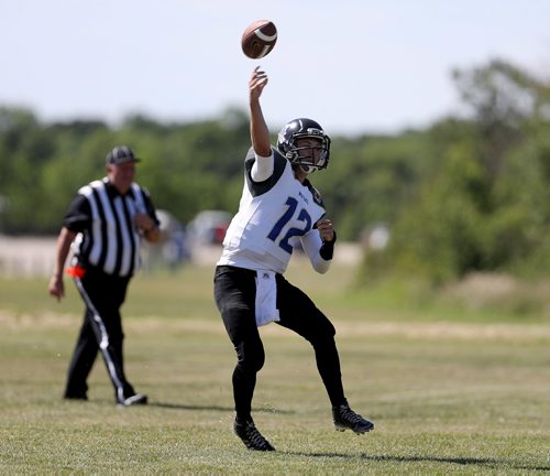 TREVOR HAGAN / WINNIPEG FREE PRESS
Winnipeg Rifles quarterback Jonathan Remple (12) fires a pass during their game against the Saskatoon Hilltops, Sunday, August 20, 2017.