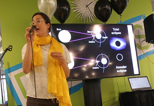 Ruth Bonneville  /  Winnipeg Free Press

U of M Physics instructor Dnielle Pahud answers questions about the solar eclipse at DEGREES Restaurant at University Centre at the U of M  for their Solar Eclipse viewing party Monday.  



Aug 21, 2017