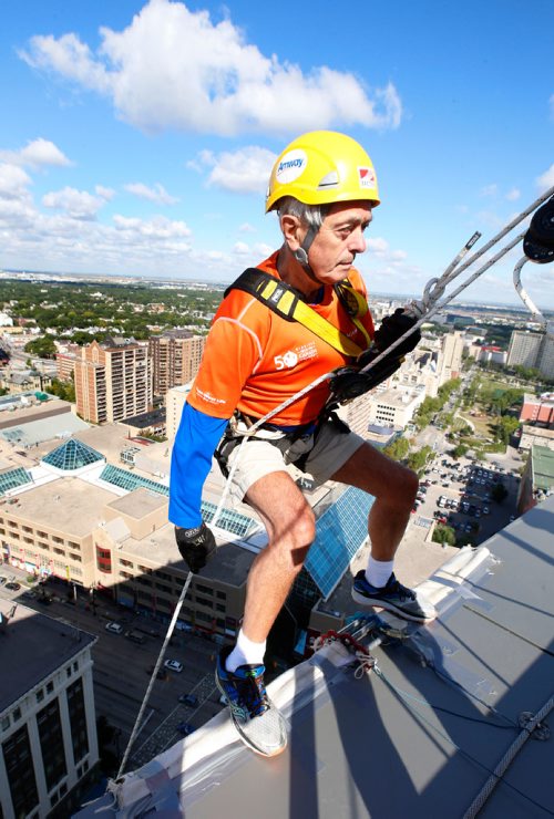 WAYNE GLOWACKI / WINNIPEG FREE PRESS

John Wichers prepares to rappel down the side of the Manitoba Hydro Building on Portage Ave. Tuesday morning, he is one of the 66 people taking part in the the 13th Annual Easter Seals Drop Zone. John is three weeks away from his 80th birthday. The event is in support of SMD Foundation/Easter Seals Manitoba, their goal is to raise $170,000. August 22 2017